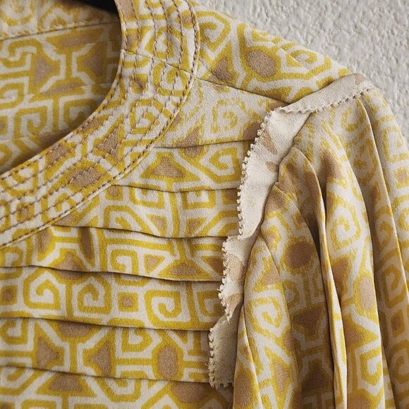 Tory Burch Blouse Womens 4 Yellow Geometric Pleated Silk Long Sleeve Boho Top - Picture 5 of 11
